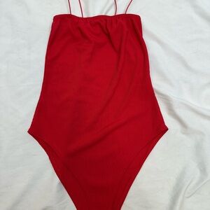 Boohoo Red Ribbed Strappy Bodysuit 2